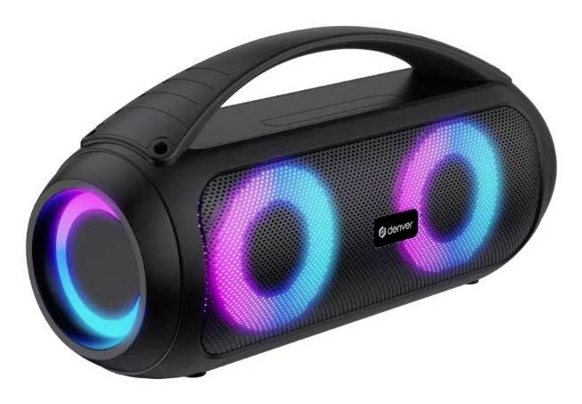 Black portable Bluetooth speaker with a handle and glowing blue-pink LED rings on the front and side.