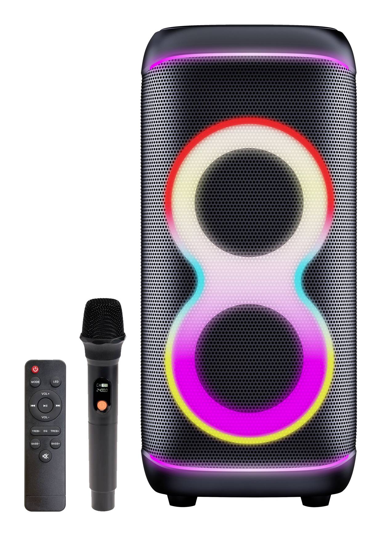 Portable Bluetooth speaker with colorful LED ring lights, a wireless microphone, and a remote control shown beside it.