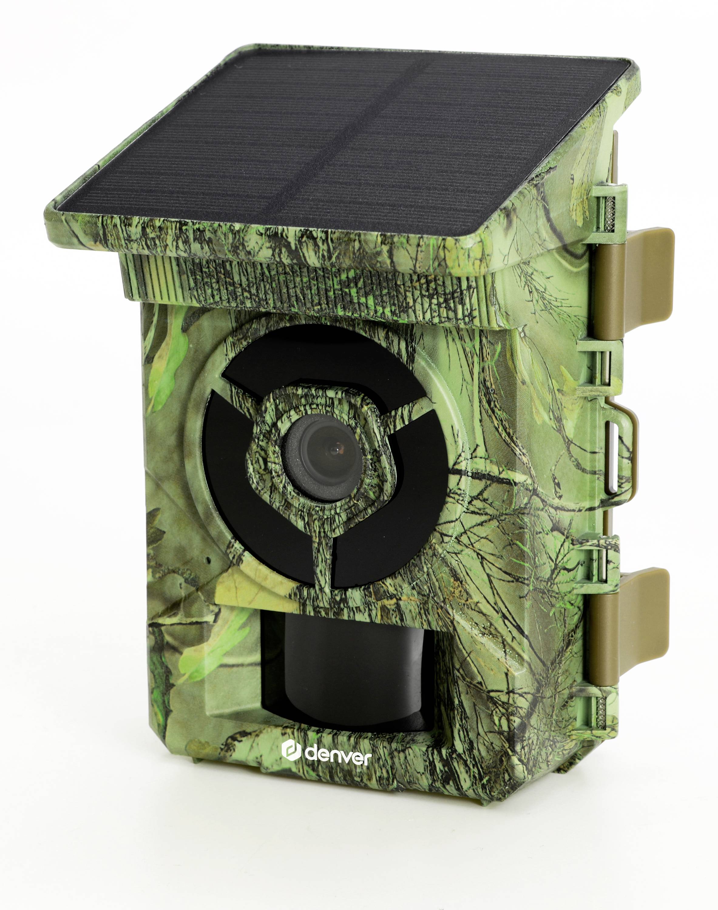 Camouflage wildlife trail camera with solar panel on top, front lens and motion sensor window, designed for outdoor monitoring.