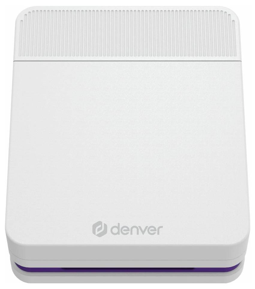 White Denver electronic device or charger with vented top, smooth rectangular body, and a purple accent near the base.