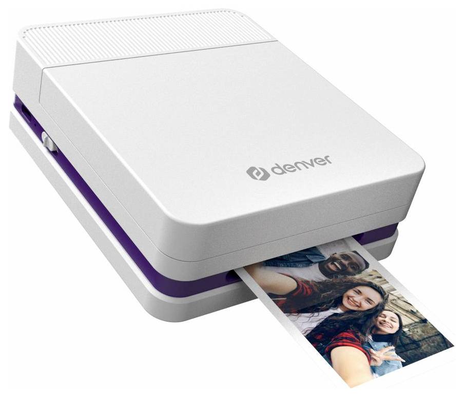 Portable Denver photo printer printing a color photo from its front slot.