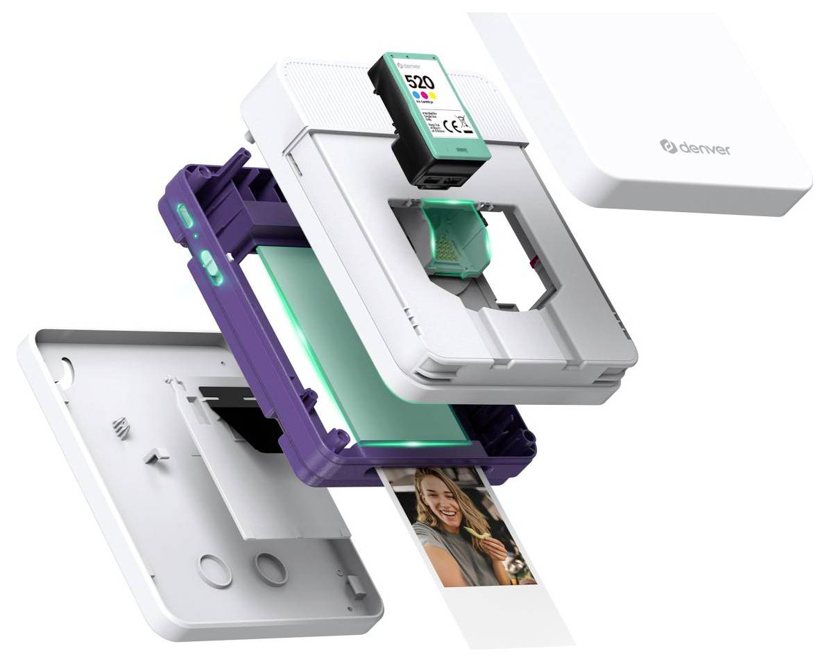 Exploded view of a compact photo printer showing layered internal components and a printed photo sliding out