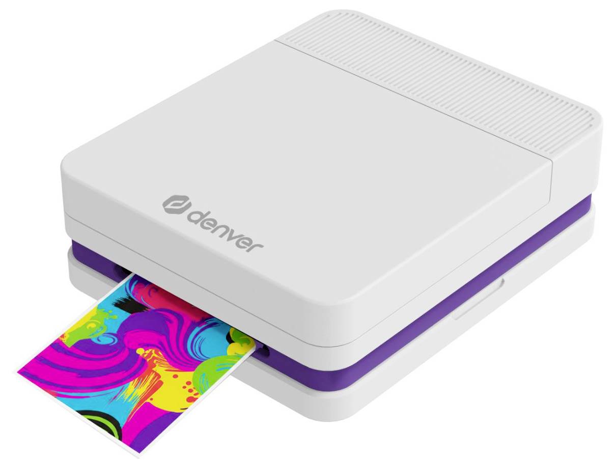Compact white Denwer printer ejecting a colorful printed photo sheet