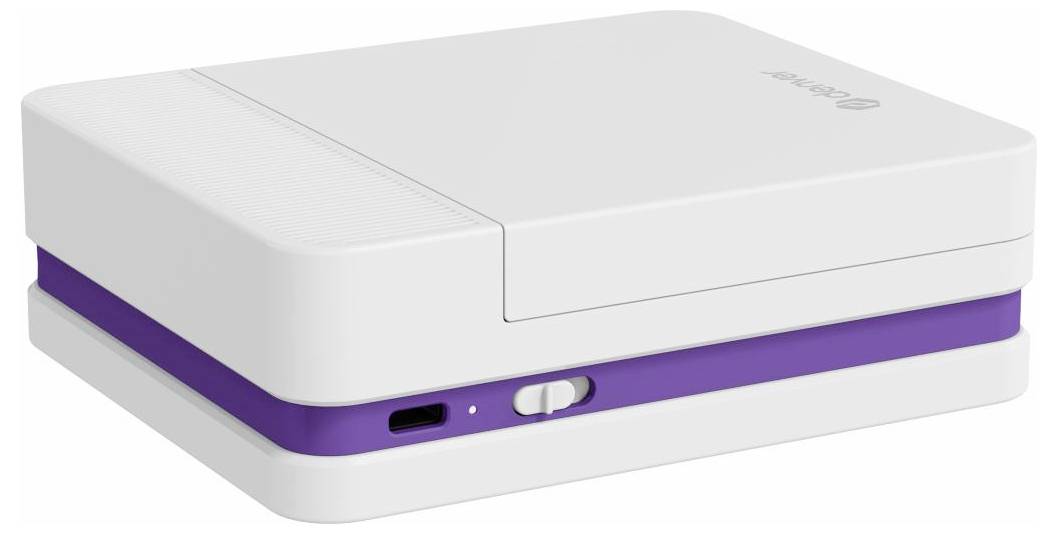White rectangular portable device with purple base, featuring a side port and power switch on the front edge.