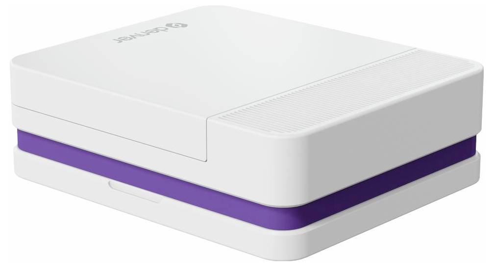 White rectangular box with a purple band around the middle, shown closed on a plain background.