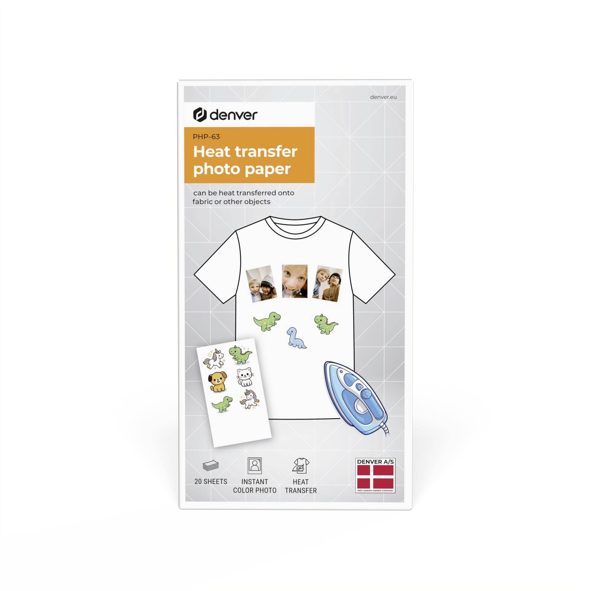 Packaging for Denver PHG-63 heat transfer photo paper, showing T-shirt design examples and an iron for fabric transfer.