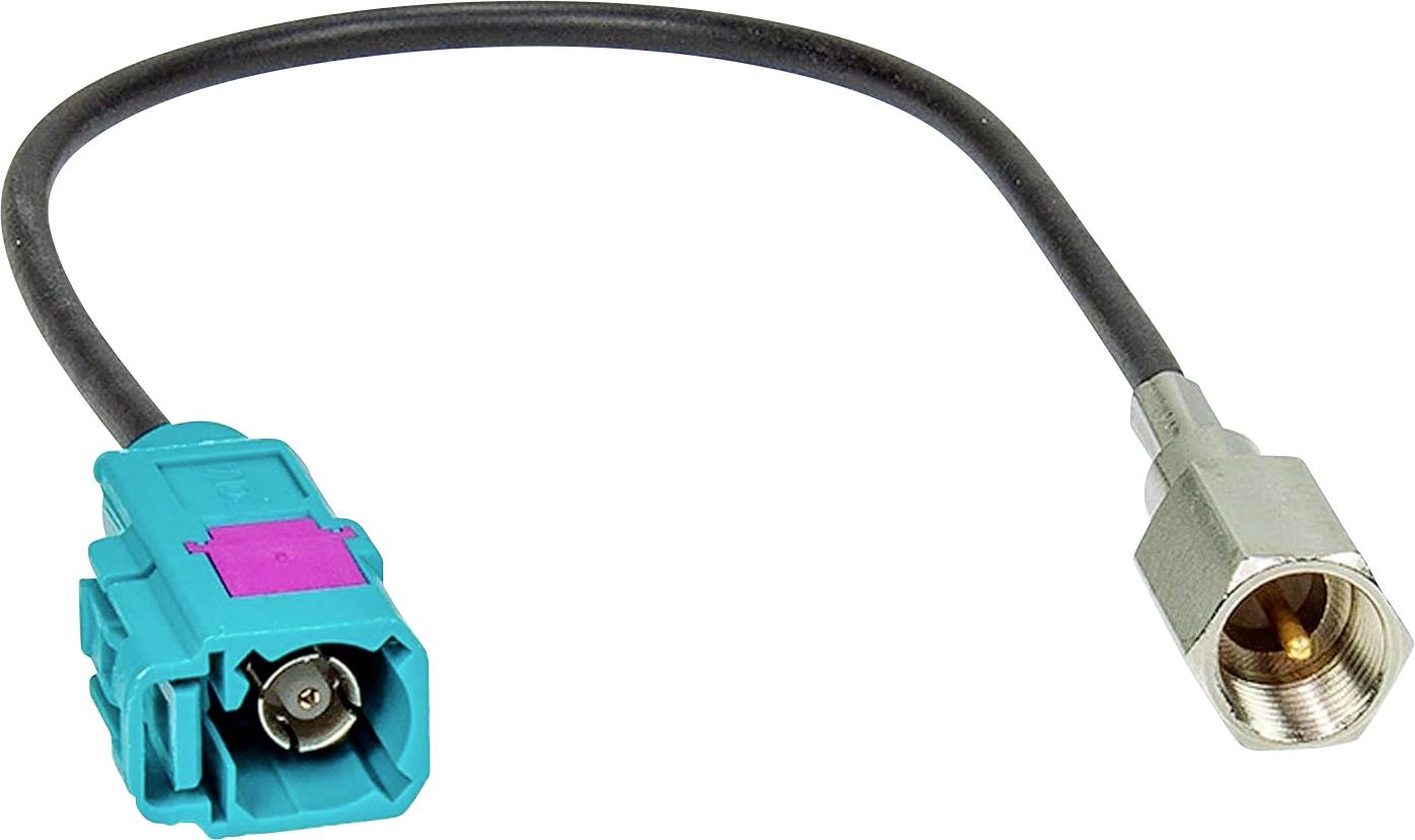 Coaxial adapter cable with a turquoise connector on one end and a threaded metal coax jack on the other.