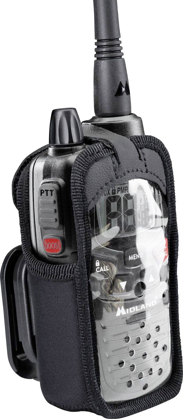 Handheld Midland two-way radio in a black protective case, showing PTT and call buttons, clipped for carrying.