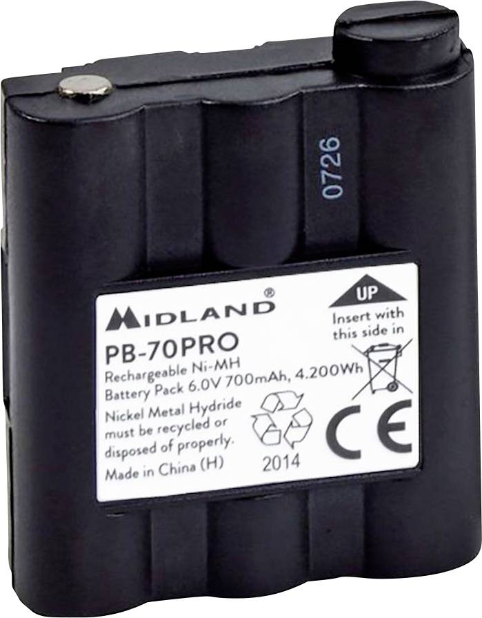 Black Midland PB-70PRO rechargeable Ni-MH battery pack with label showing 6.0V 700mAh and recycling symbols.