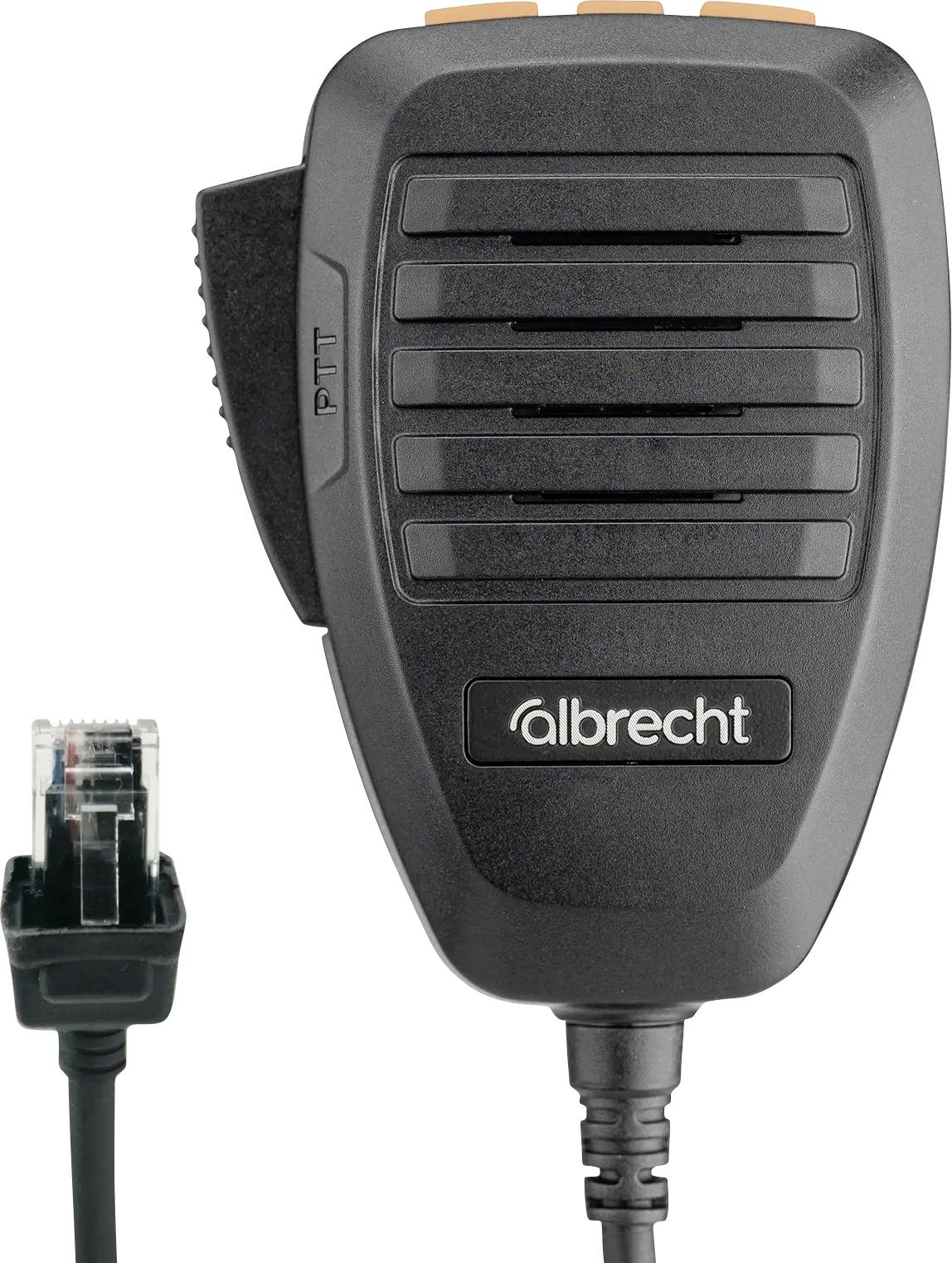 Albrecht handheld microphone with coiled cable and RJ45-style connector, shown front view on white background.