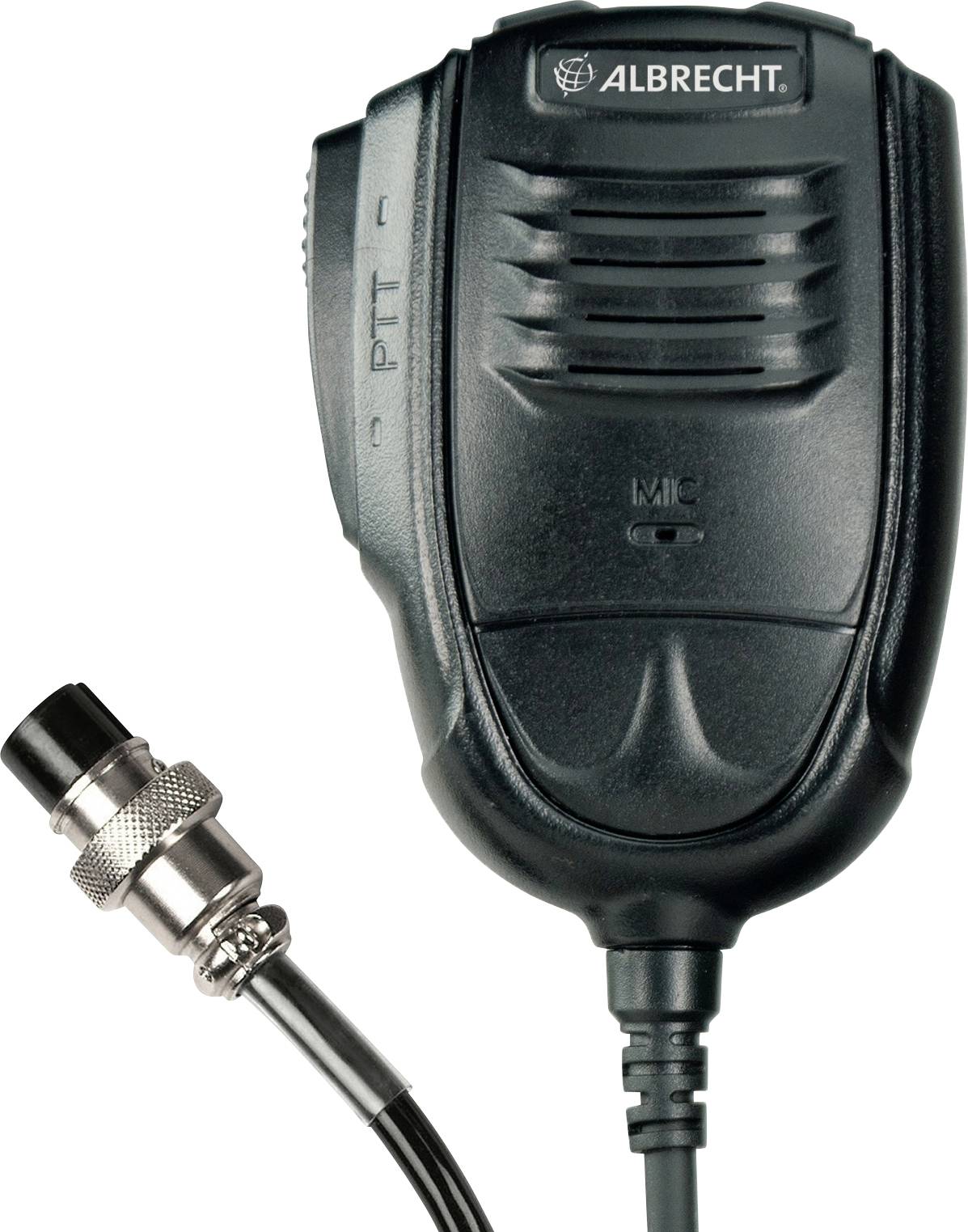 Black Albrecht push-to-talk microphone with mic switch and attached connector cable on a white background.