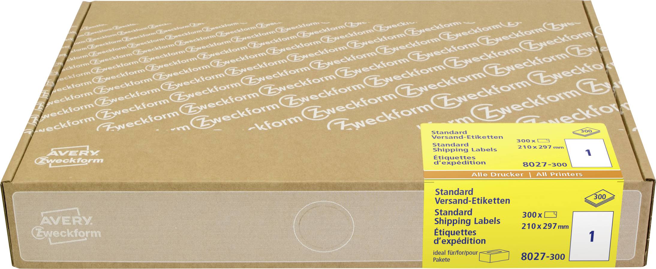 A cardboard box of Avery Zweckform standard shipping labels, with yellow product labels on the end showing item 8027-300 and 300 x 210 mm size.