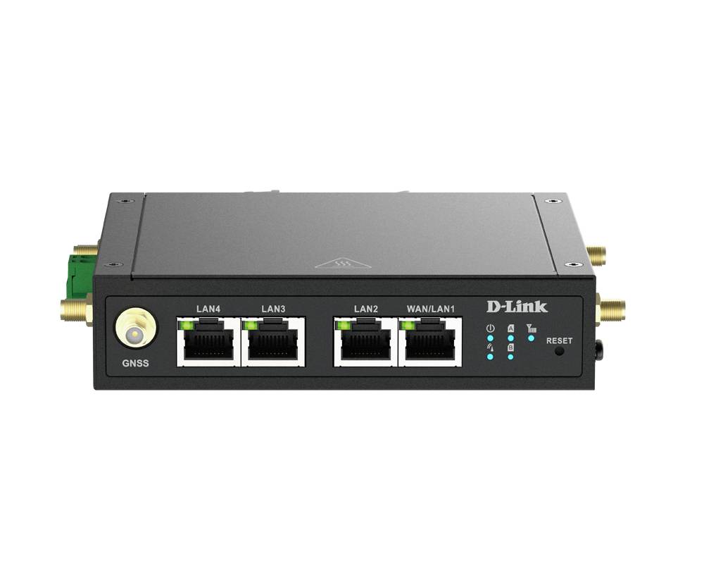 D-Link wireless router front view with GNSS port, four Ethernet ports labeled LAN4, LAN3, LAN2, and WAN/LAN1, status LEDs, and reset button.