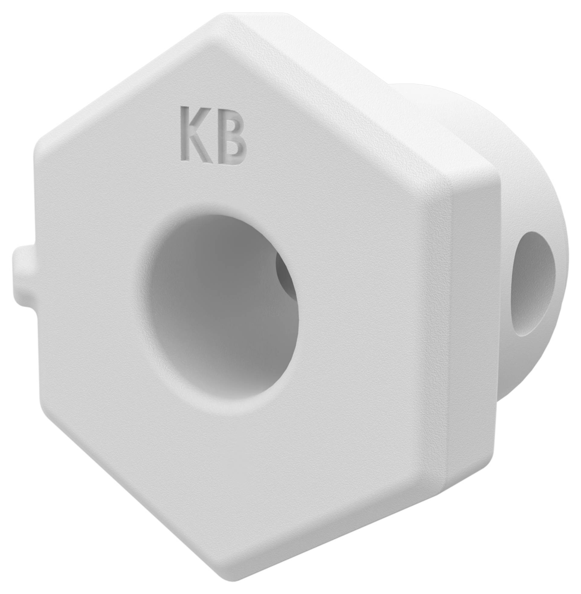 White hexagonal plastic connector block labeled 'KB' with a large central hole and side opening, shown on a plain background.