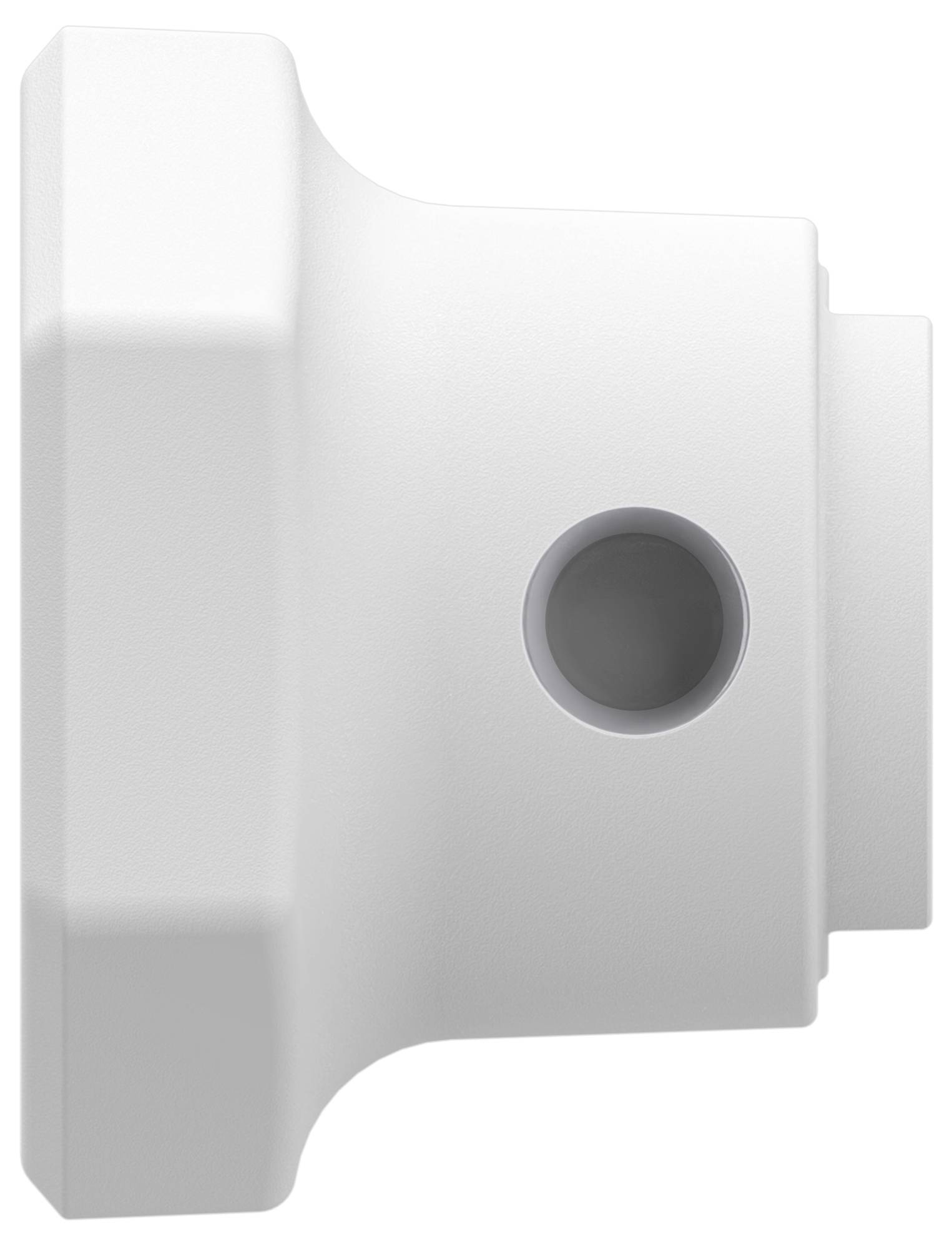White plastic wall-mount bracket with a circular center hole and protruding side tabs, shown against a plain background.