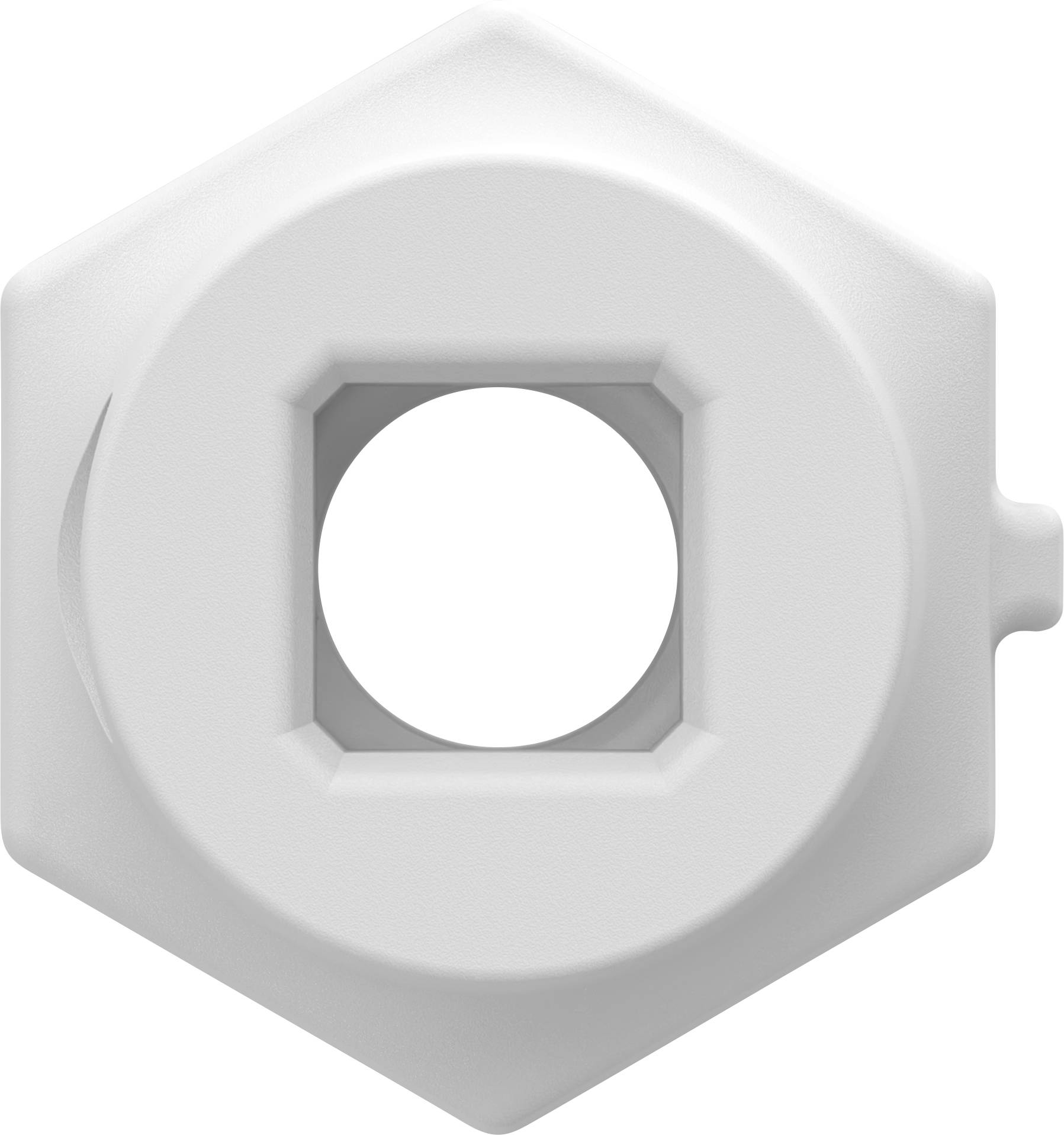 White hexagonal mechanical component with a centered circular opening and small side tab, shown on a plain background.