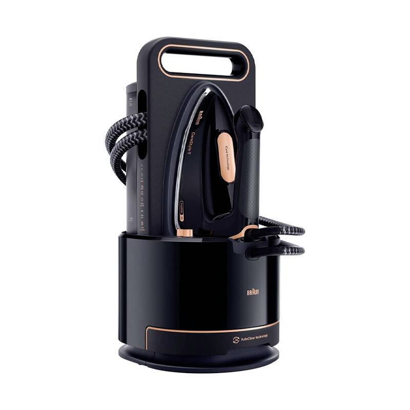 Black and rose-gold steam iron set in a charging base, with hose and cord coiled around the unit on a white background.