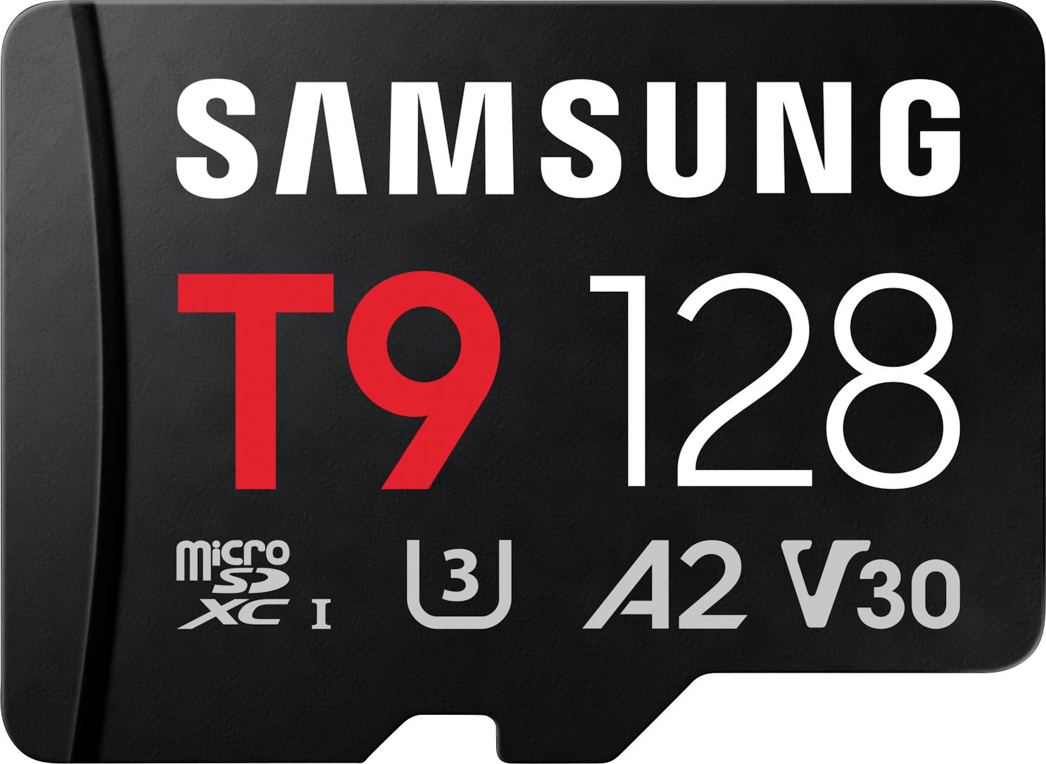 Samsung microSD card labeled 'T9 128' with U3, A2, and V30 speed ratings.
