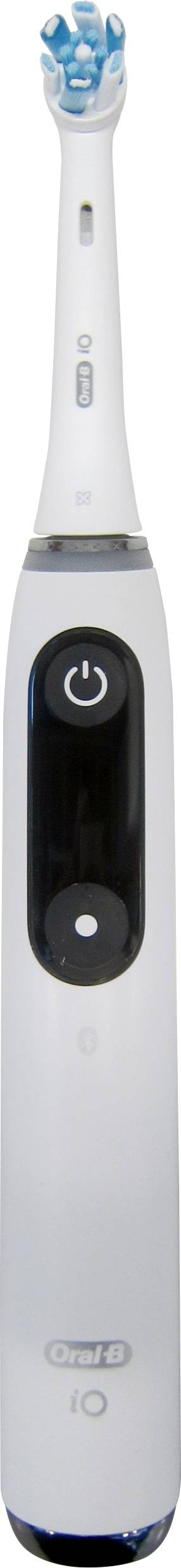 An electric toothbrush with a blue bristled head, power button, and Oral-B iO branding on a white handle.