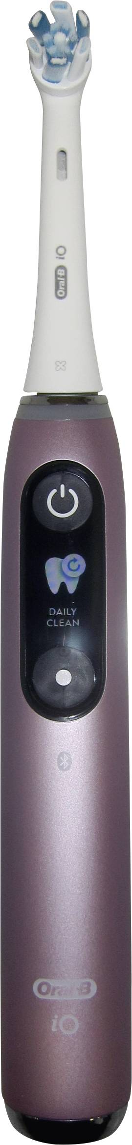 Electric toothbrush with a white brush head and purple handle, showing power, brushing mode, and timer indicators.