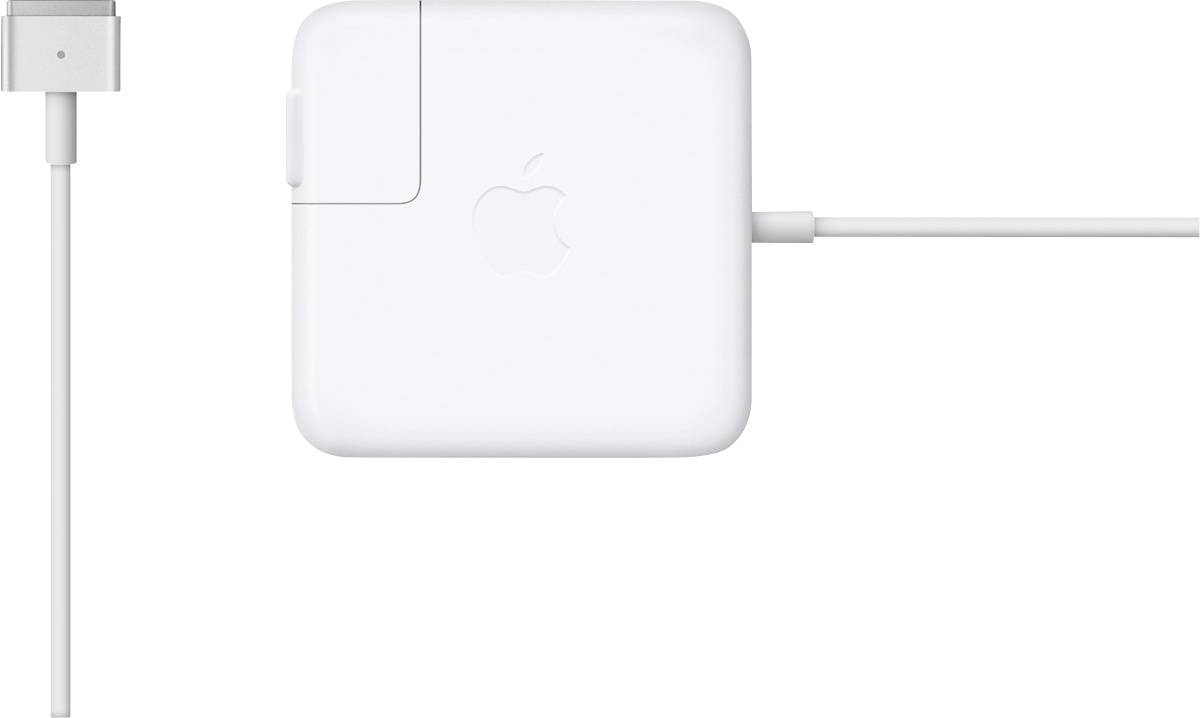 White Apple power adapter with cables connected on the left and right against a plain white background.