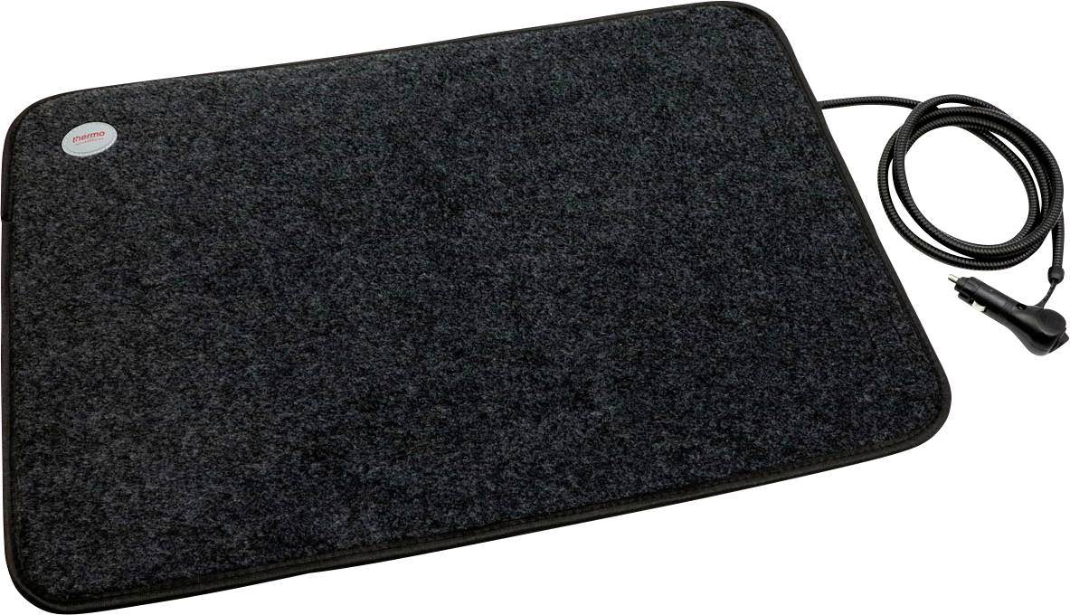 Black rectangular heated pad with attached power cord and plug on a white background.