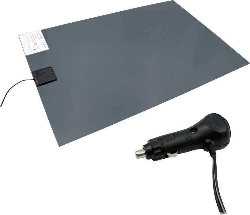 A heated car seat cover mat with power cord and cigarette-lighter plug adapter, shown with a remote control unit.