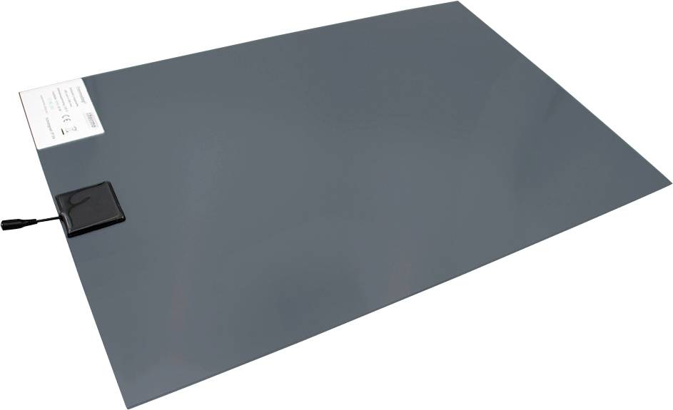 Large gray rectangular heating mat with a black power connector and a small instruction label attached at the corner.
