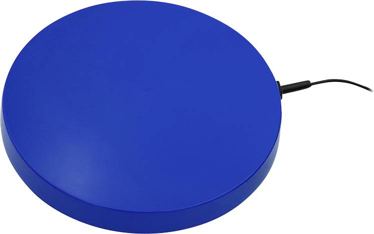 Blue round wired device with a black cable extending from the side on a white background.