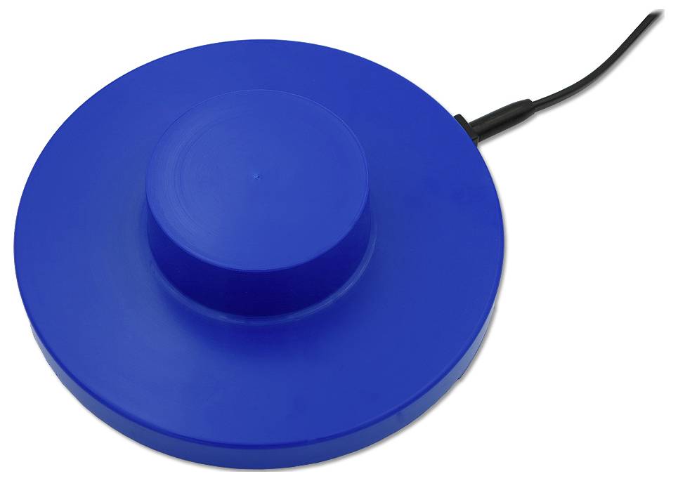 Blue round push-button foot pedal with attached cord on a white background