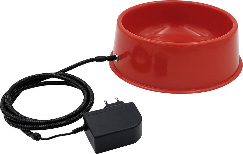 Red pet water bowl with a built-in black electric pump and power adapter, connected by a cord on a white background.
