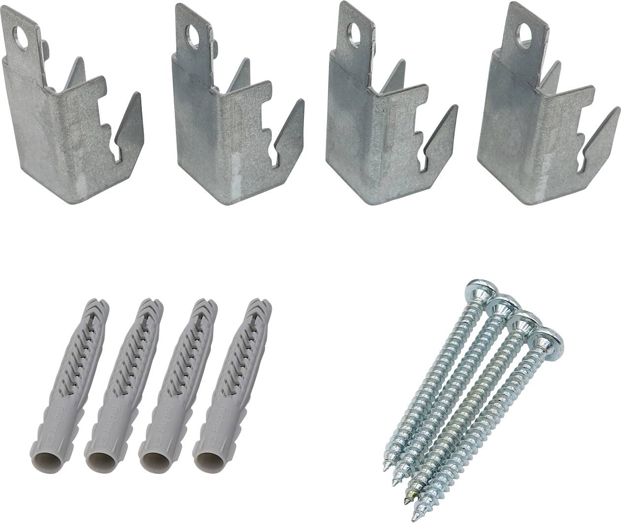 Four metal brackets, four wall anchors, and five screws arranged on a white background as a hardware kit.