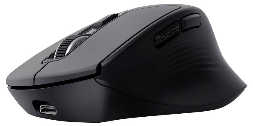 Black wireless computer mouse shown in side view on a white background.