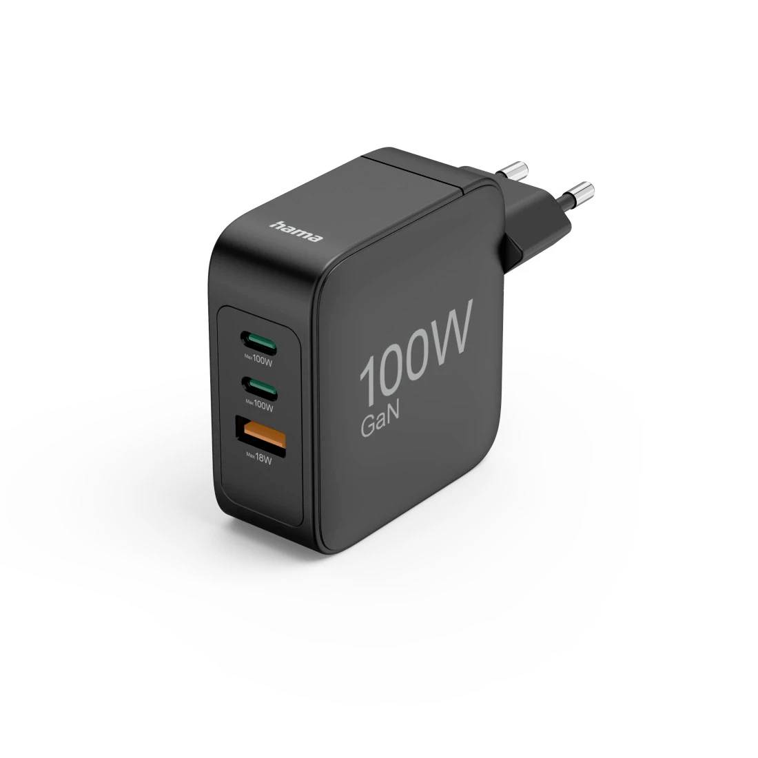 Black 100W GaN wall charger with two USB-C ports and one USB-A port, shown with EU plug prongs.