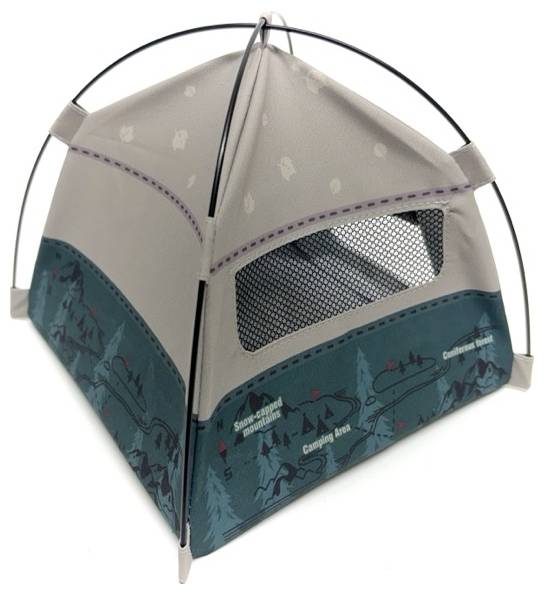 Portable small camping tent with mesh window, beige and teal panels, and a dome support frame on a white background.