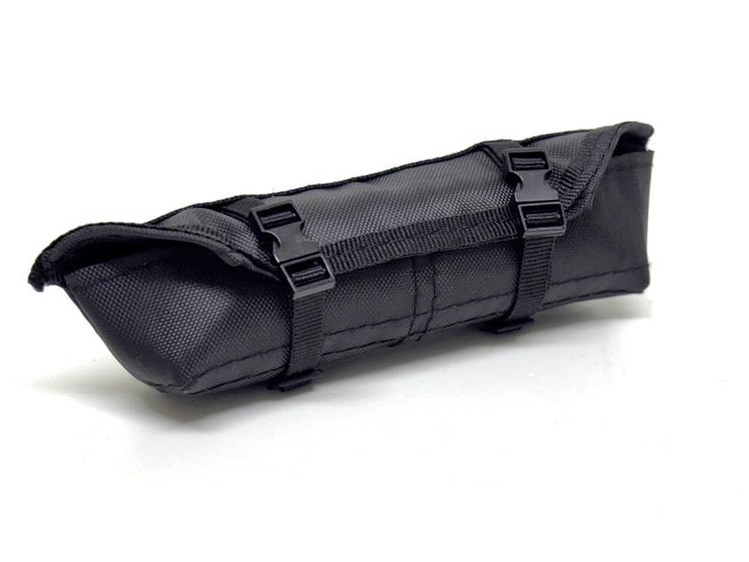 Black padded cylindrical storage pouch with buckle straps, shown on a white background.