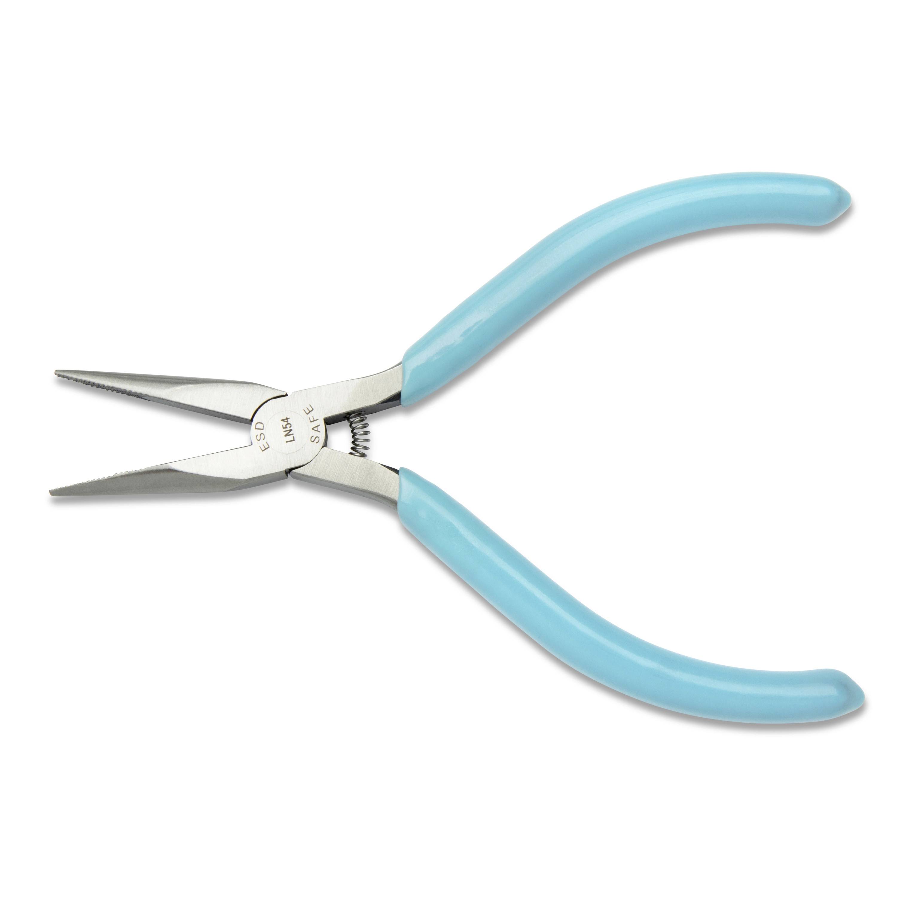 Blue-handled needle-nose pliers on a white background, shown closed and angled left.