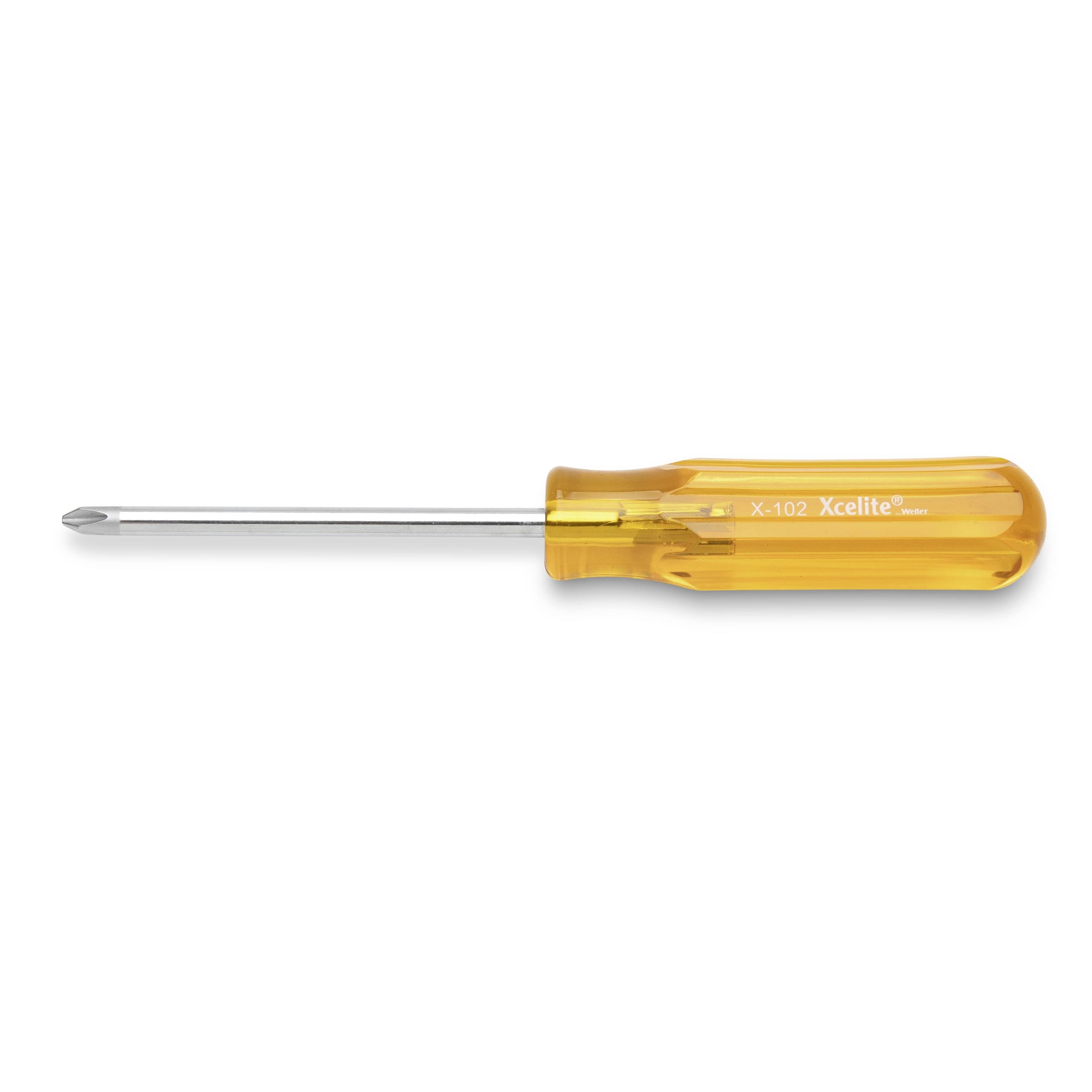 Orange-handled Phillips screwdriver shown horizontally on a white background.