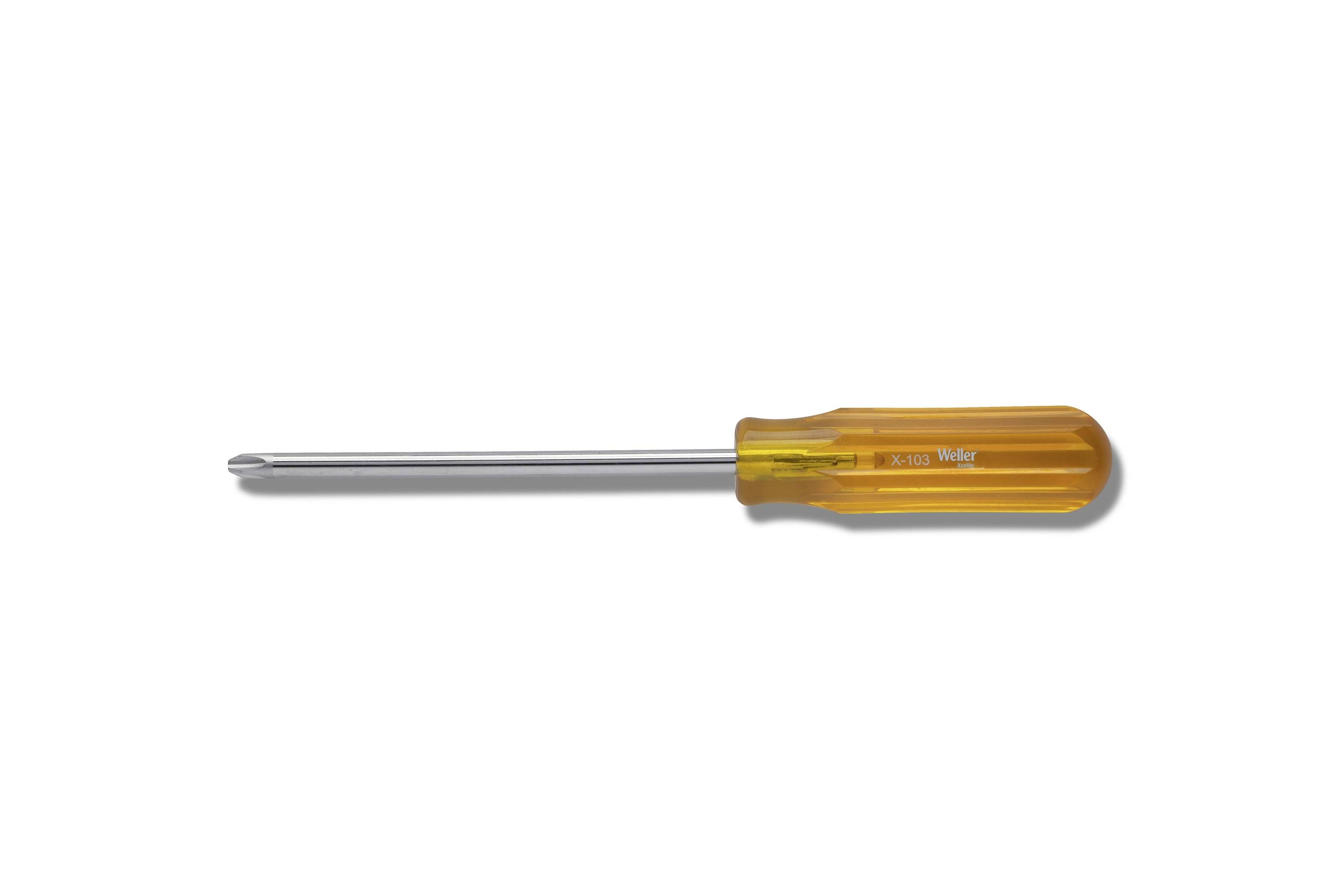 Flathead screwdriver with amber handle on a white background.