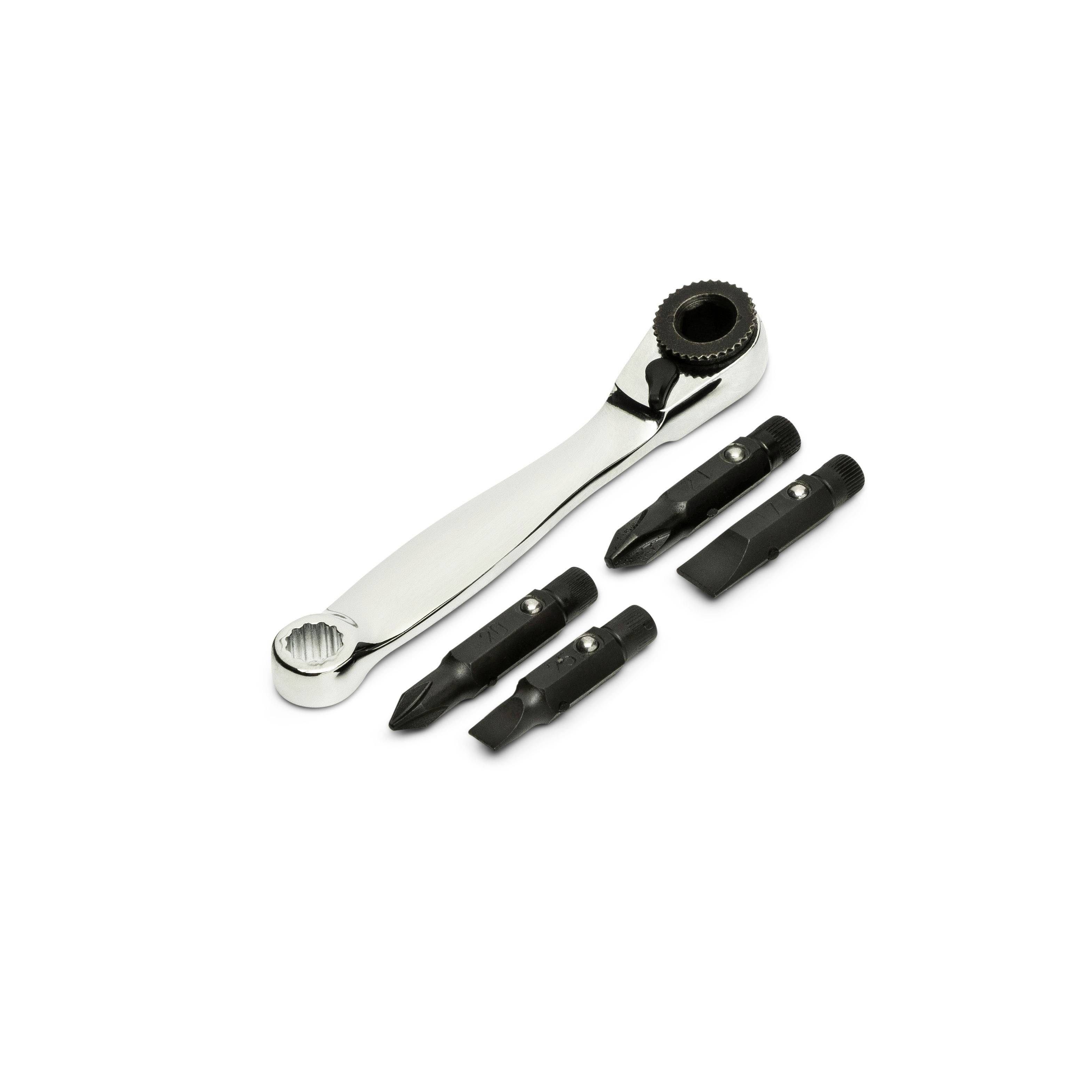 Chrome ratcheting wrench with four black interchangeable screwdriver bits on a white background.