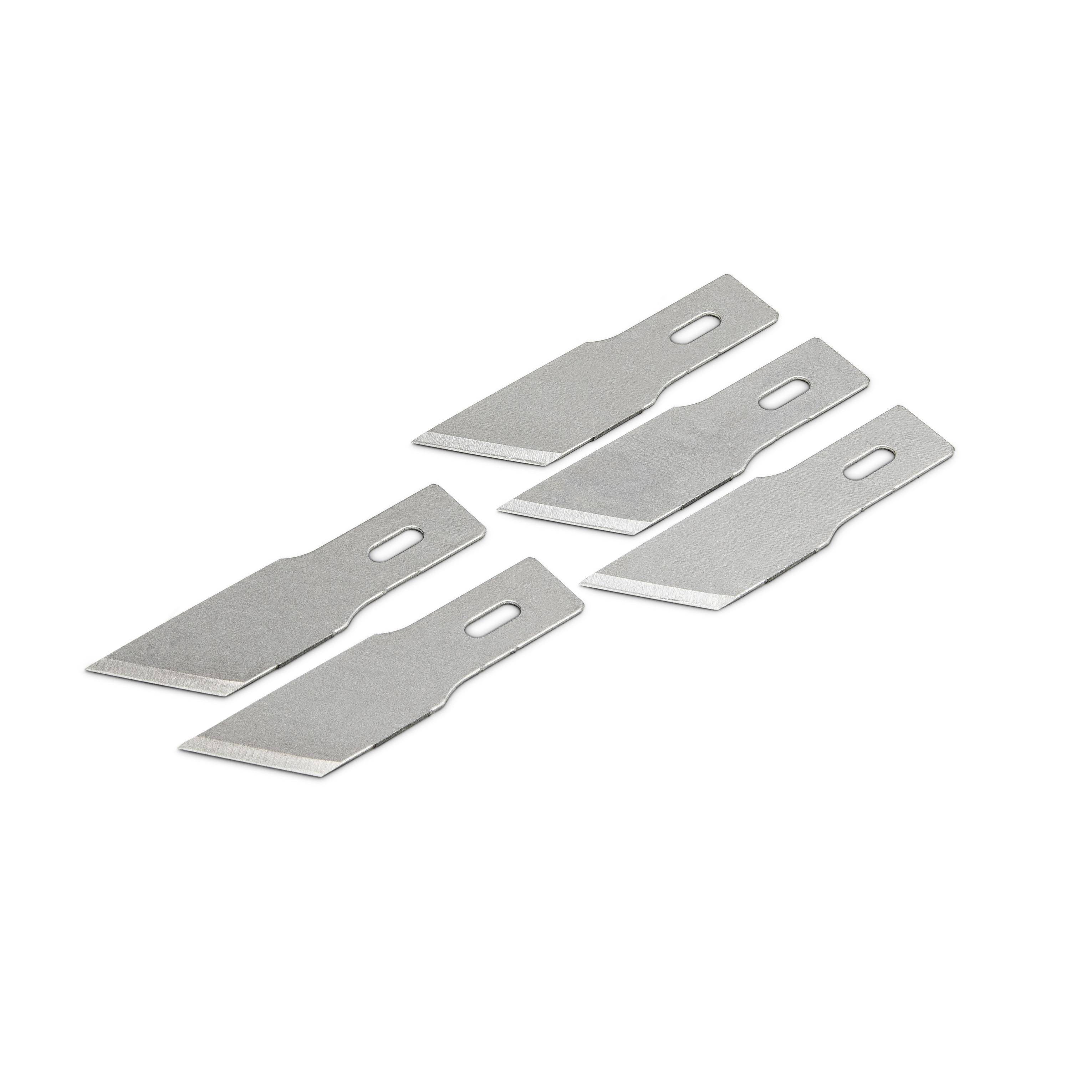 Five small metal razor blades with slotted mounting holes, arranged on a white background.