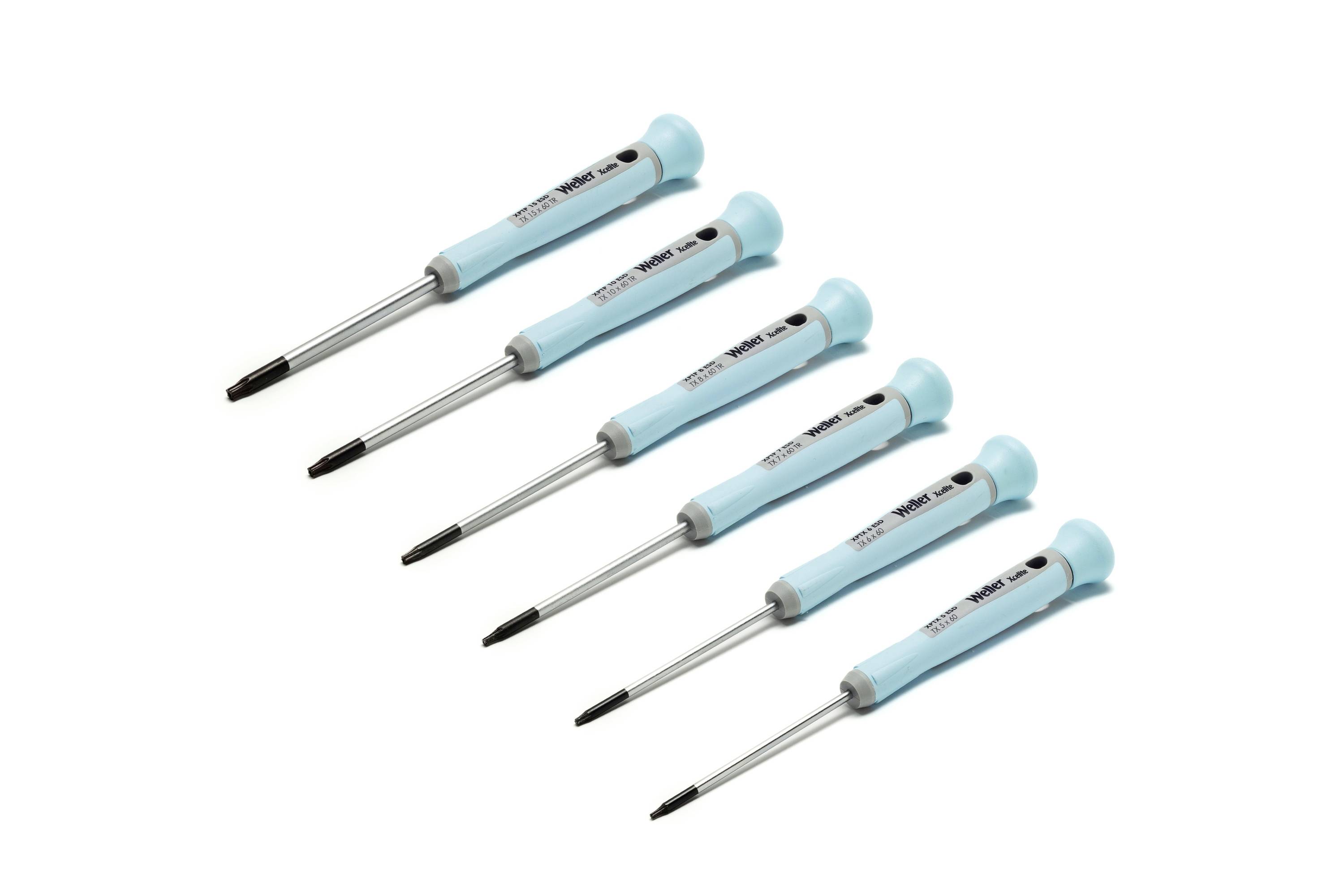 Six light blue precision screwdrivers arranged diagonally on a white background.