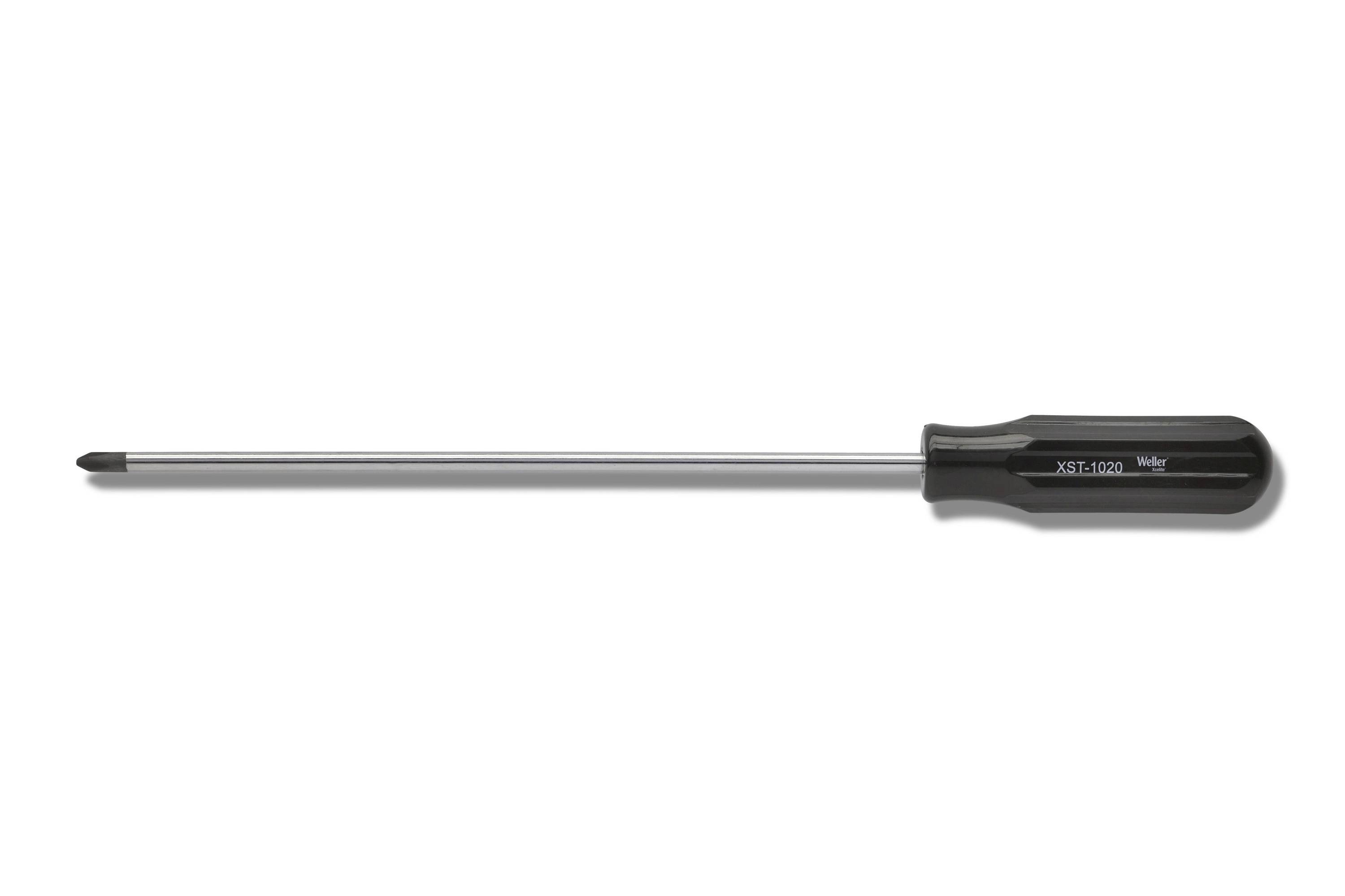 Flathead screwdriver with a black handle and long metal shaft on a white background.
