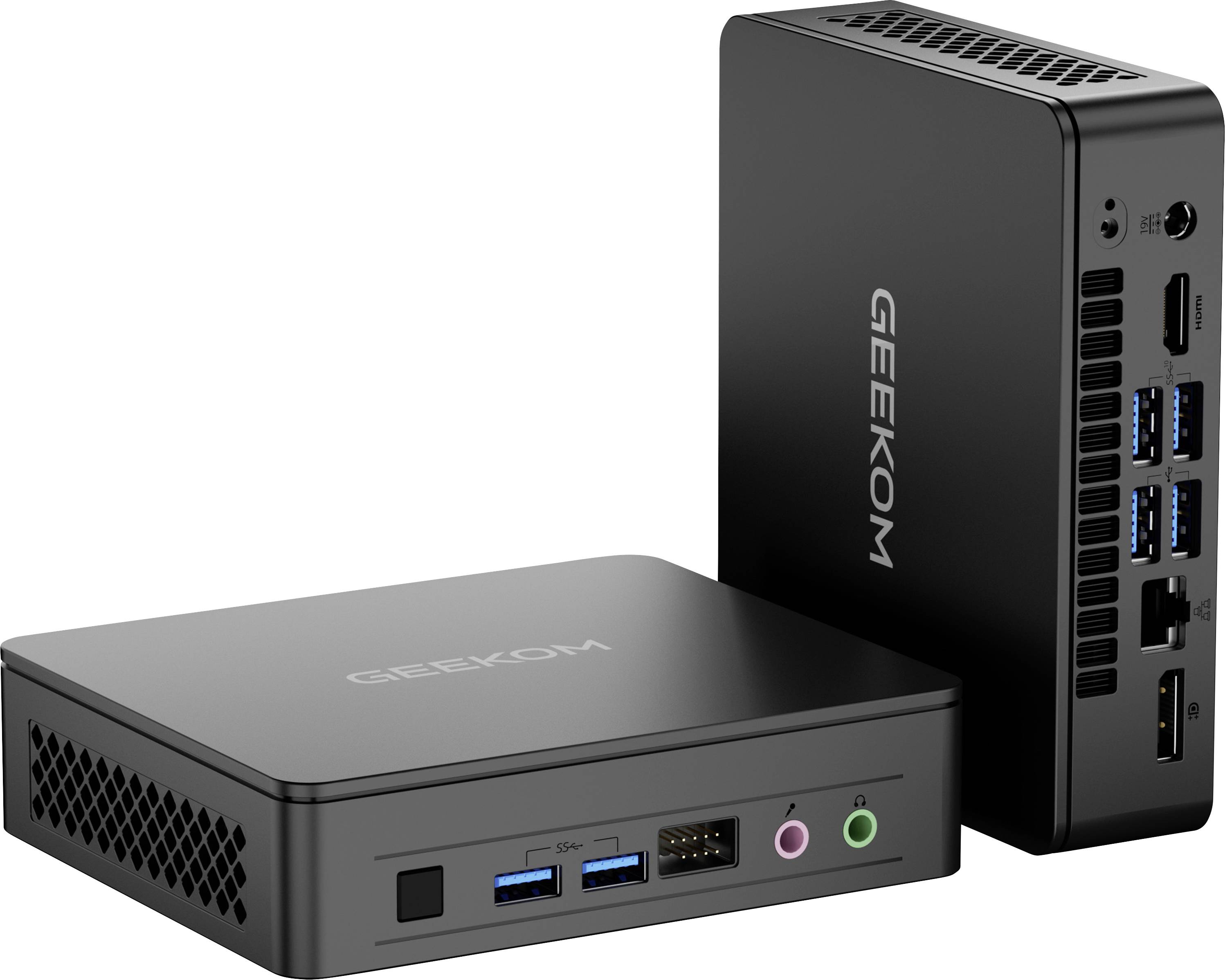 Two Geekom mini PCs, one lying flat and one standing upright, showing front and side ports on a white background.