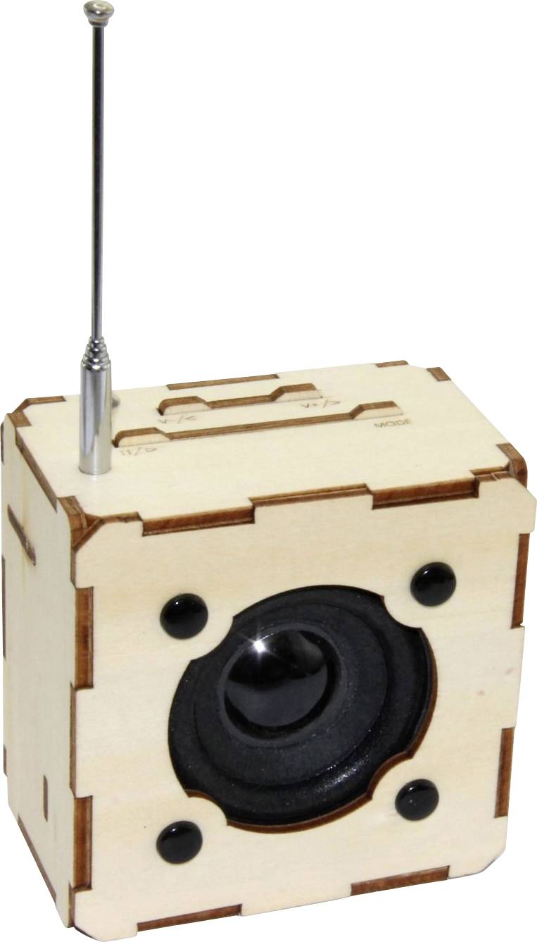 Small wooden cube speaker with a front black driver and an upright antenna on top.