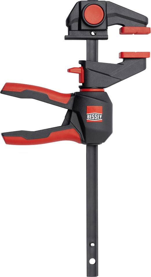 Black-and-red Bessey clamp tool with adjustable jaws and a long steel bar for gripping or holding materials securely