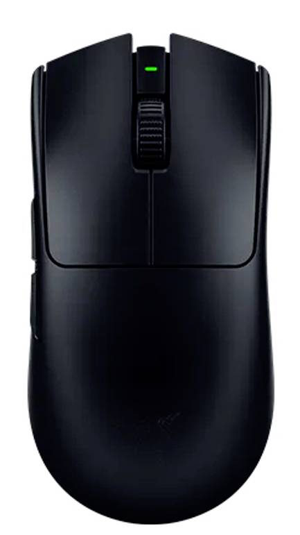 Black wireless computer mouse with a scroll wheel and green indicator light, shown on a white background.