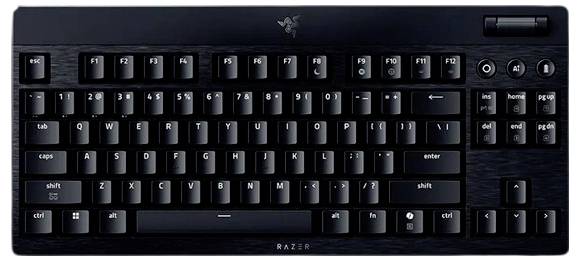 Top-down view of a full-size black Razer keyboard with compact number pad, function keys, arrow keys, and media controls.