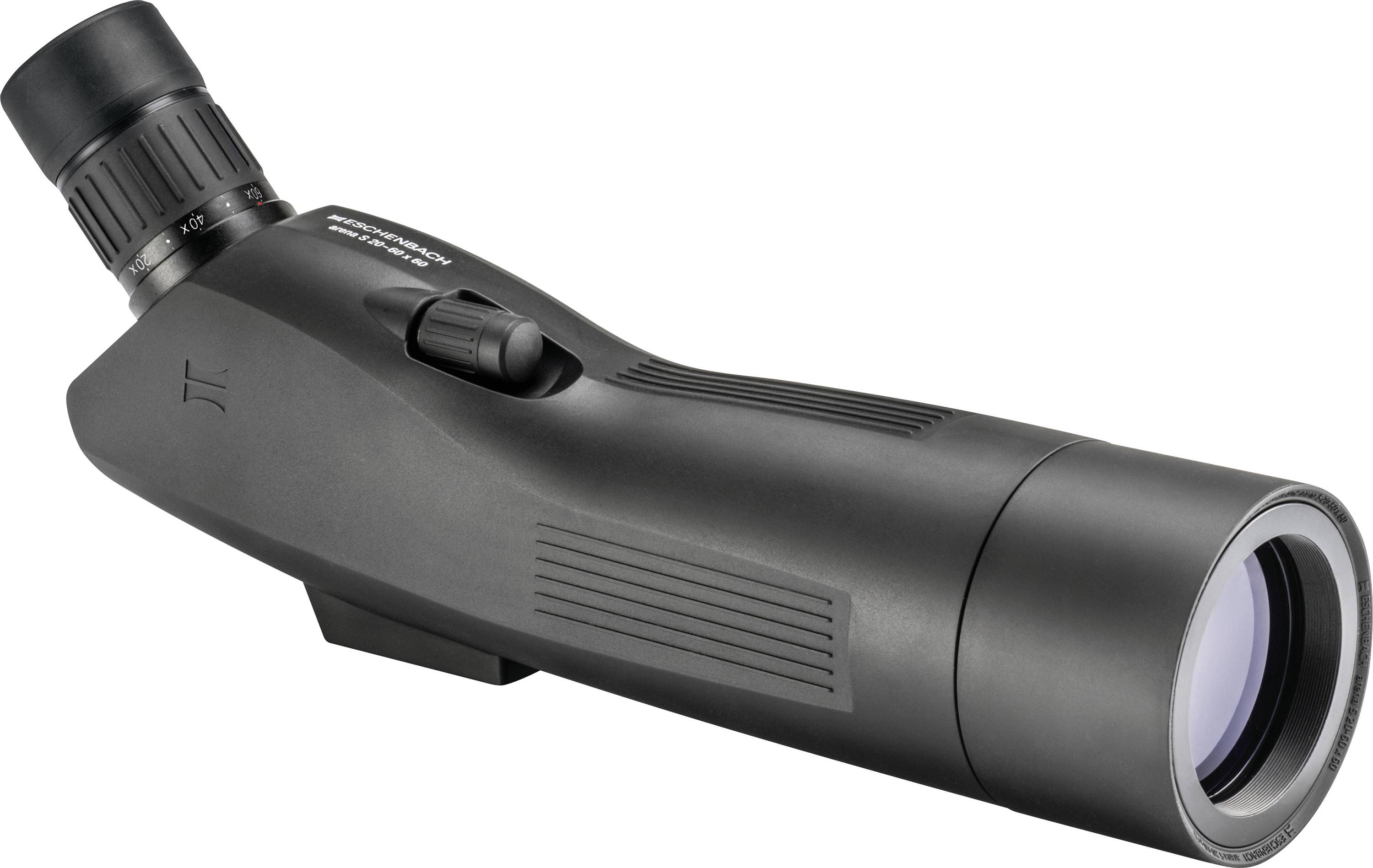 Black spotting scope or monocular angled upward, with eyepiece and objective lens visible on a white background.