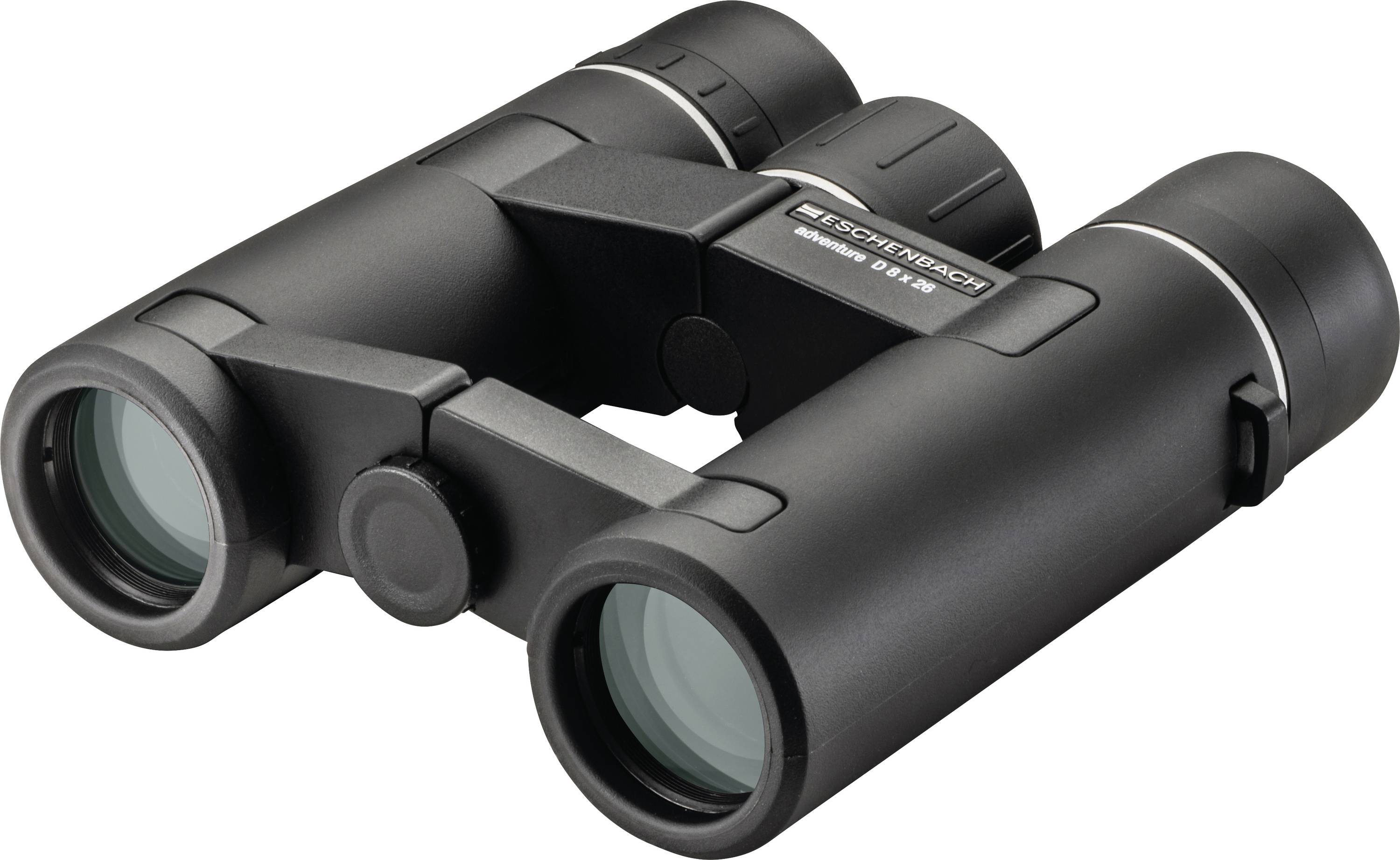 Black binoculars with a central focus wheel, shown angled on a white background.